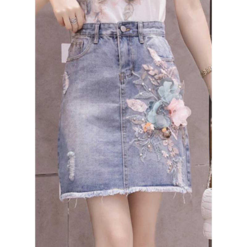 Stylish Blue Floral Patchwork High Waist Nail Bead Denim Skirt