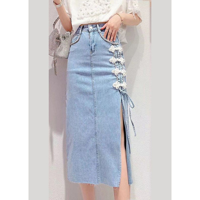 Stylish Denim Blue Patchwork High Waist Maxi Skirt