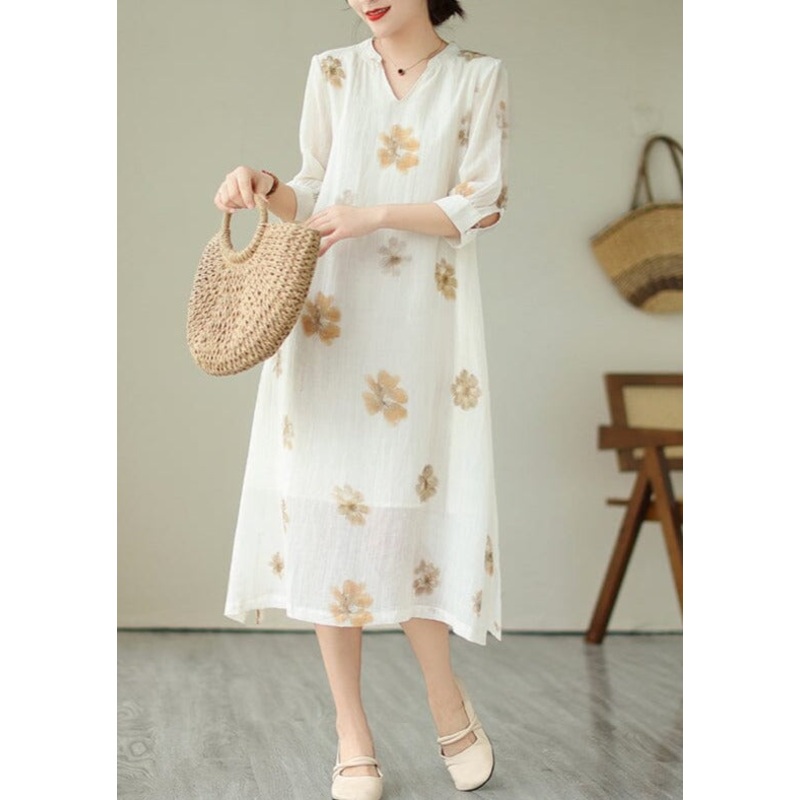 Summer V-Neck Loose Casual White Floral Dress Half Sleeve