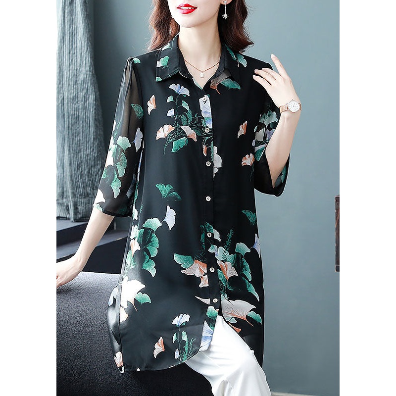 Unique Black Peter Pan Collar Print Patchwork Chiffon Shirts Bracelet Sleeve