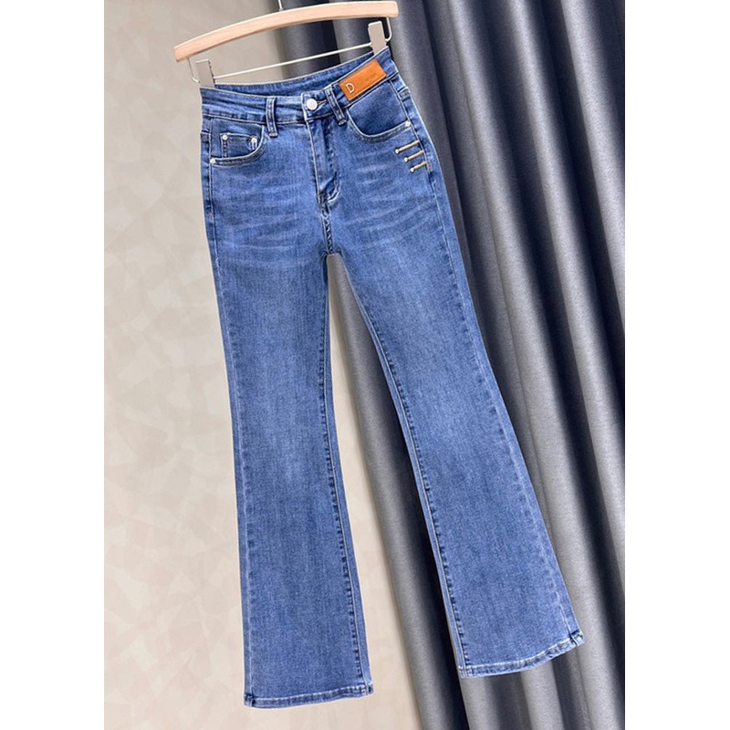 Unique Blue Patchwork Button Flared Trousers
