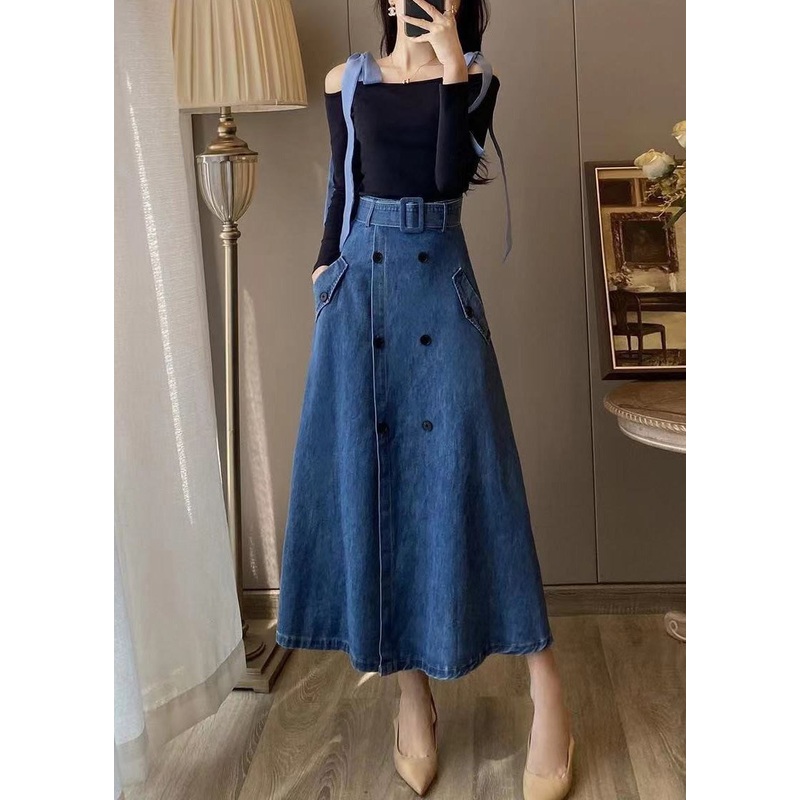 Unique Blue Slash Neck Patchwork Top And Denim Maxi Skirts Two Pieces Set Fall