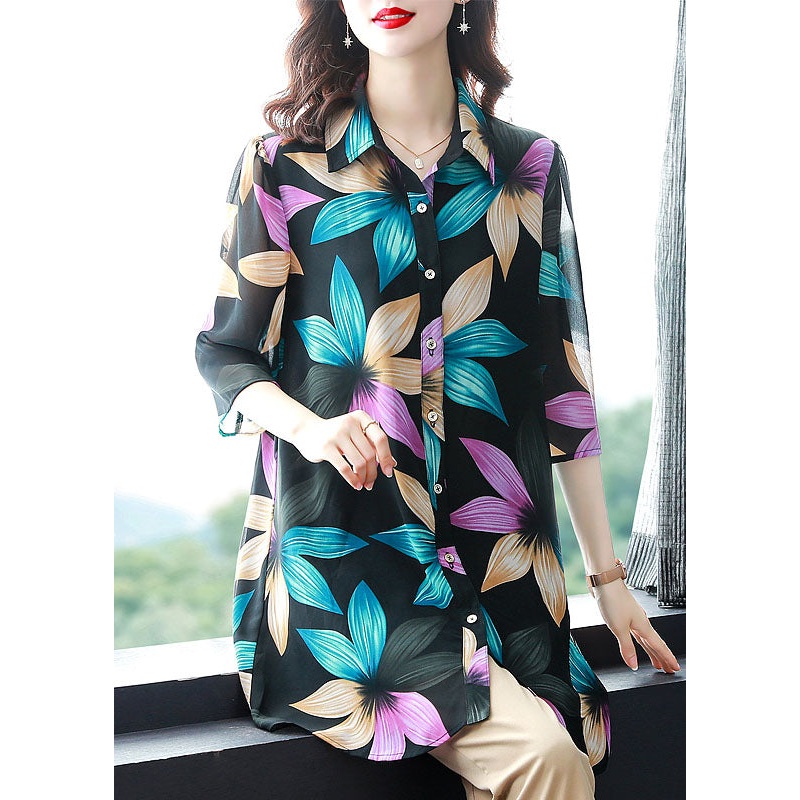 Unique Floral Peter Pan Collar Patchwork Chiffon Shirt Tops Summer