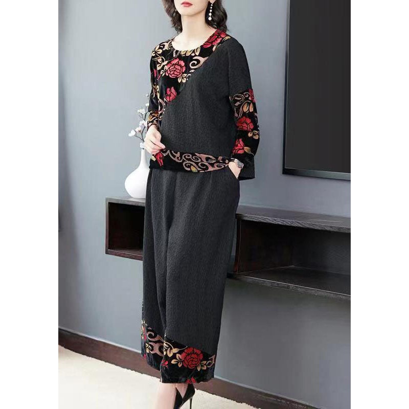 Vintage Black Embroideried Tops And Wide Leg Pants Cotton Two Piece Set Fall