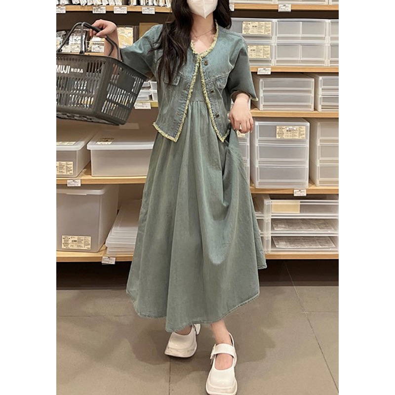 Vintage Denim Blue O-Neck Patchwork Coats And Long Dress Two Piece Set Short Sleeve