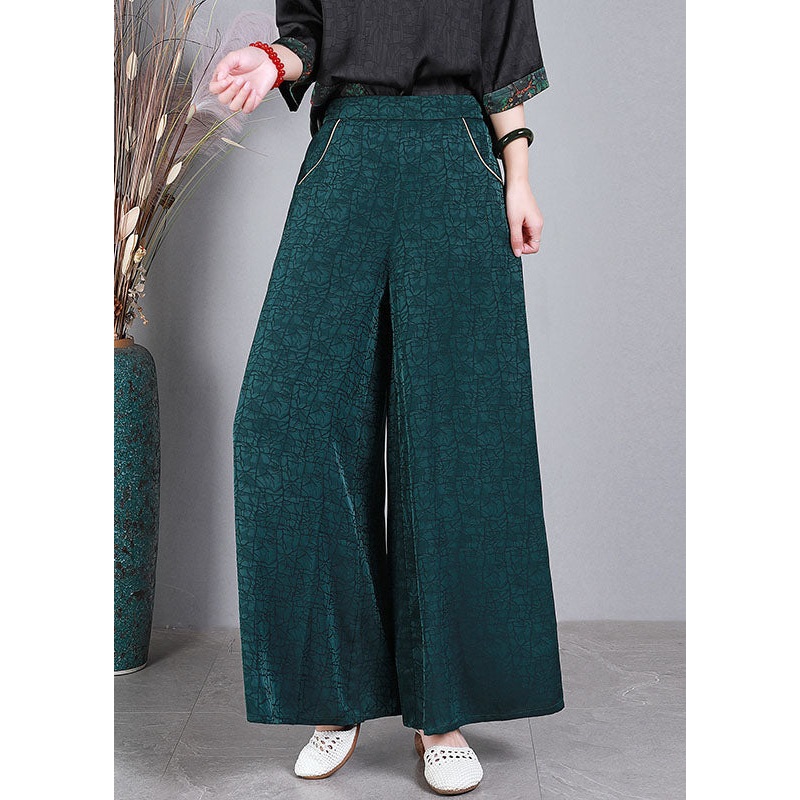 Vintage Green Elastic Waist Pockets Wrinkled Silk Wide Leg Pants Summer