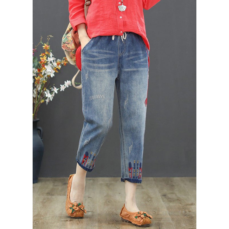 Vintage Light Blue Embroideried Tie Waist Crop Jeans Summer