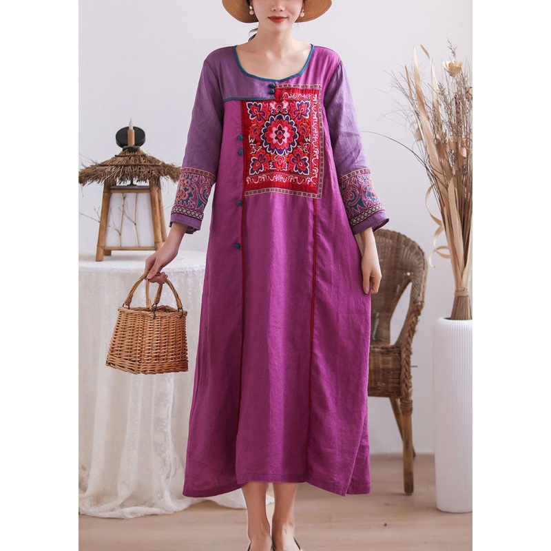 Vintage Purple Embroideried Chinese Button Patchwork Linen Long Dresses Summer