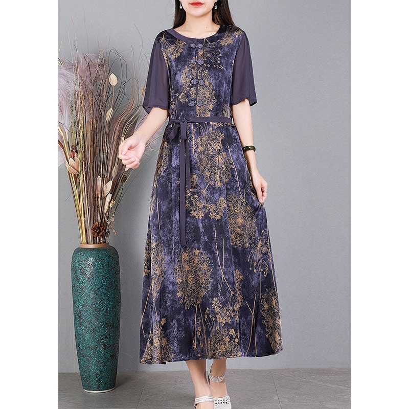 Vintage Purple O-Neck Patchwork Tie Waist Print Silk Long Dress Short Sleeve