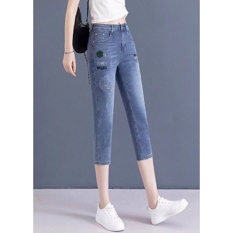 Vogue Blue Embroideried Button Crop Jeans