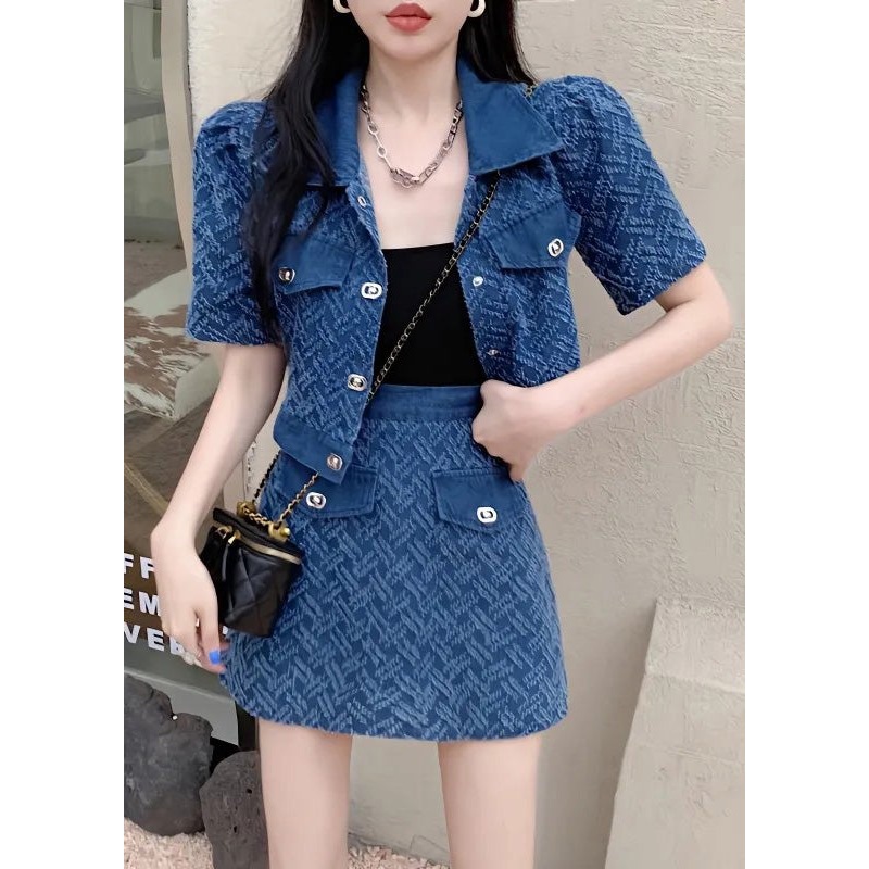 Vogue Blue Peter Pan Collar Print Coats And Shorts Two Pieces Set Summer