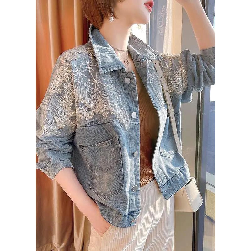 Vogue Blue Peter Pan Collar Tulle Patchwork Sequins Button Denim Coats
