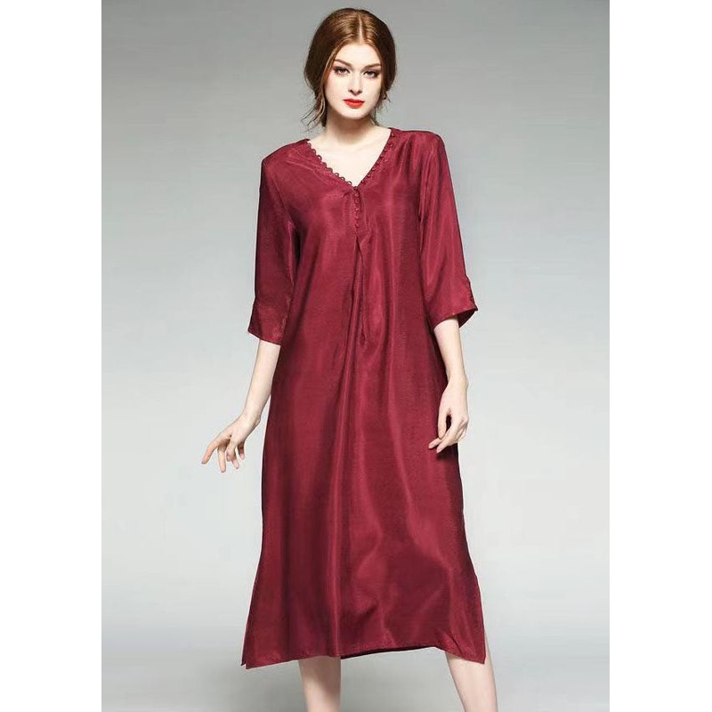 Wine Red Patchwork Silk Dress V Neck Side Open Bracelet Sleeve