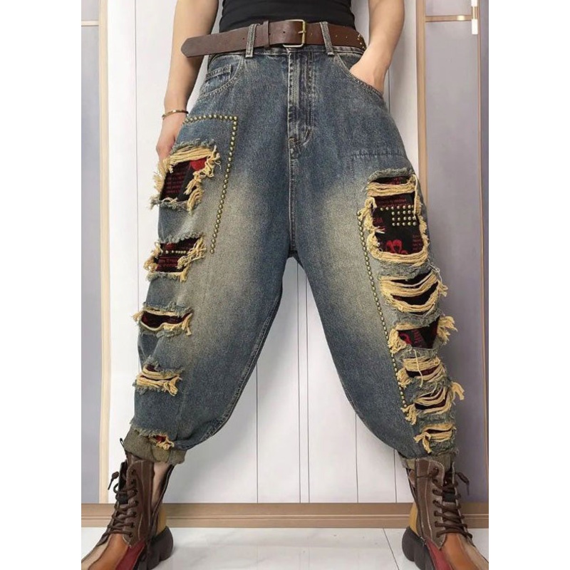 Women Blue Nail Bead Patchwork Sashes High Waist Ripped Jeans Summer