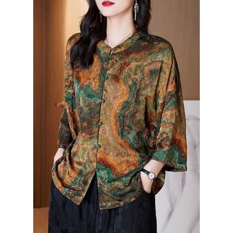 Women Brown Stand Collar Button Print Patchwork Silk Blouse Top Summer