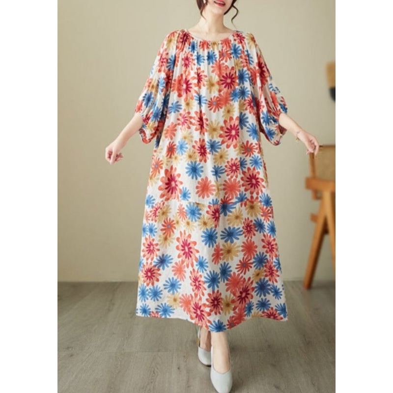 Women Casual Summer Retro Floral Print Dress Half Sleeve