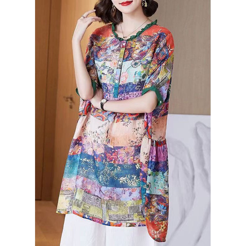 Women Colorblock Ruffled Print Patchwork Cotton Shirt Top Half Sleeve