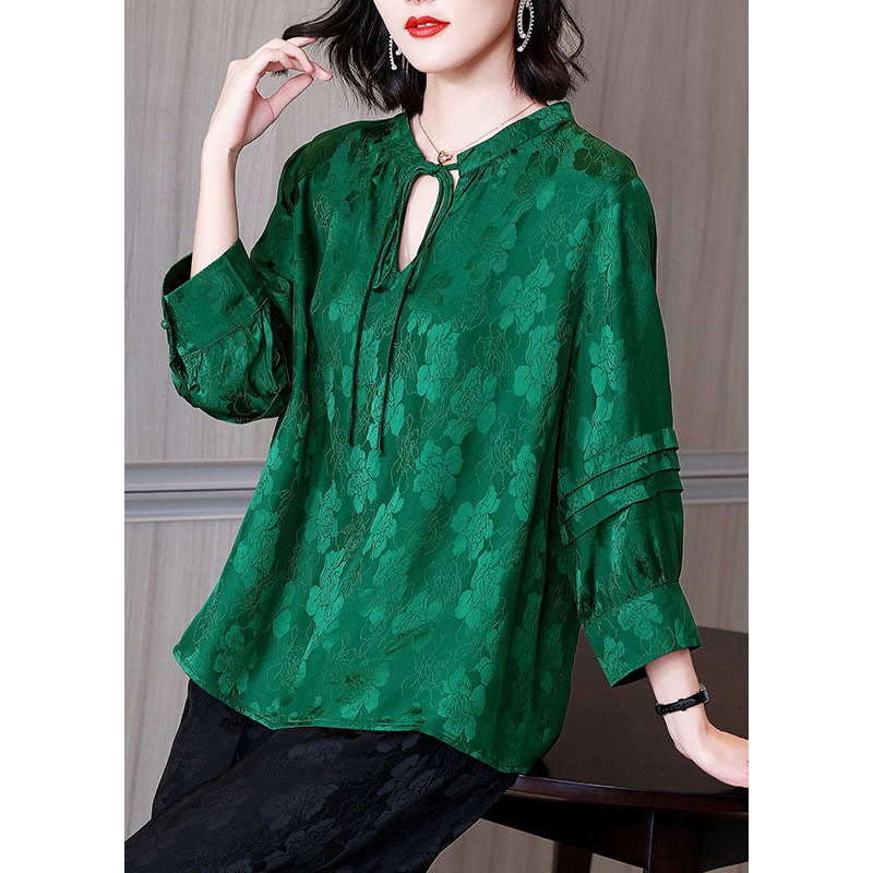 Women Green Lace Up Jacquard Patchwork Silk Shirt Tops Fall