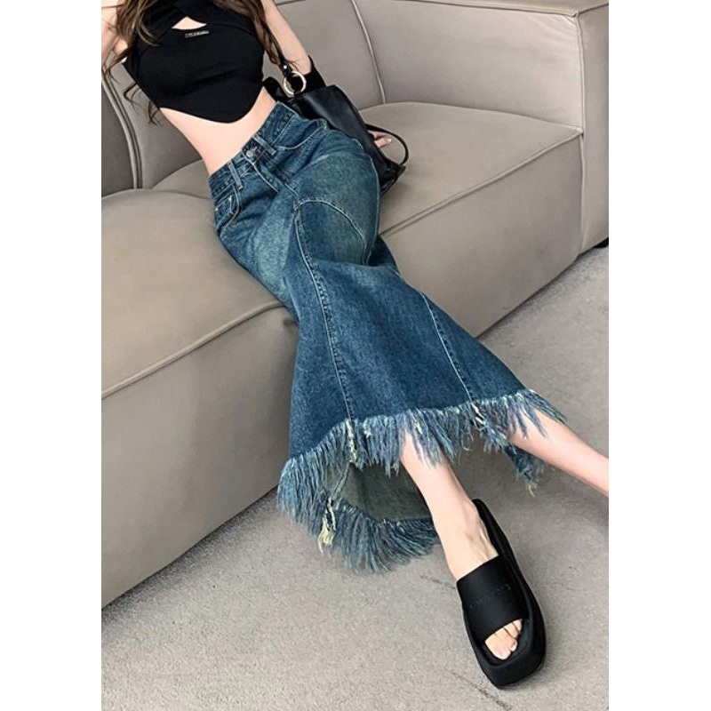 Women Navy High Waist Patchwork Tassel Denim Maxi Skirts Summer