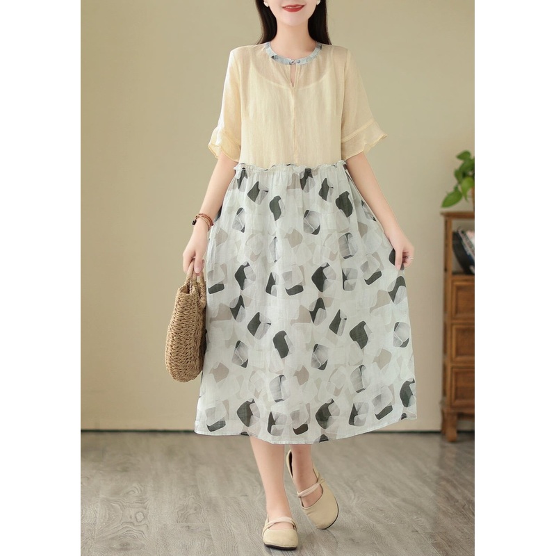 Women Patchwork Casual Fashion Linen Dress Short Sleeve