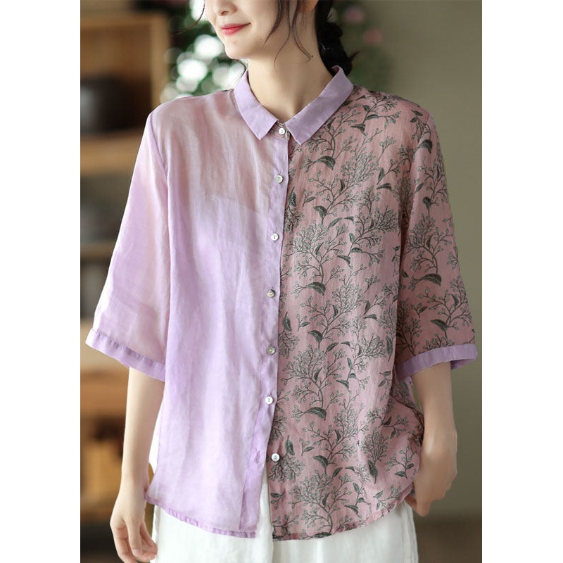 Women Purple Peter Pan Collar Print Button Patchwork Linen Tops Summer