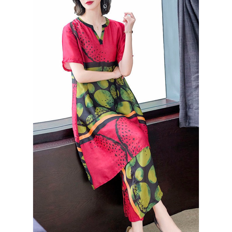 Women Red Print Tops And Pants Silk Two Pieces Set Summer