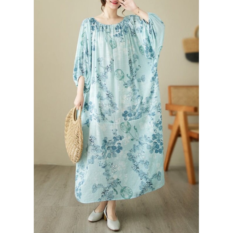 Women Retro Blue Floral Print Cotton Dress Summer