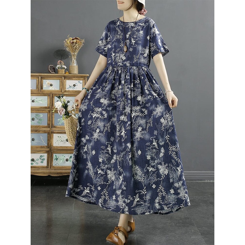 Women Retro Blue Floral Print Cotton Linen Dress