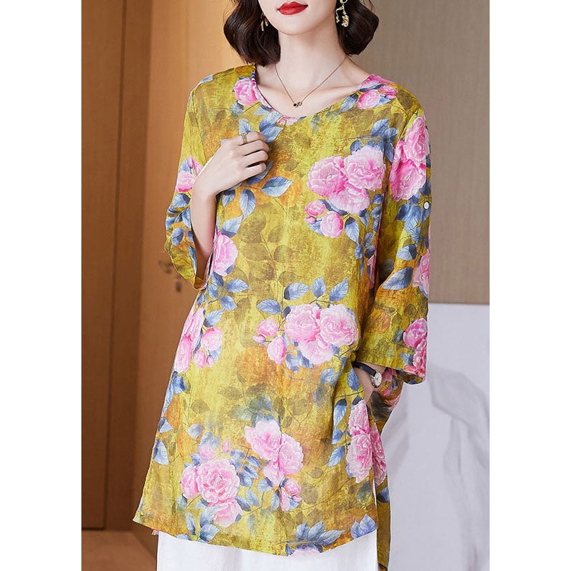 Women Yellow O Neck Print Side Open Patchwork Linen Shirt Tops Summer