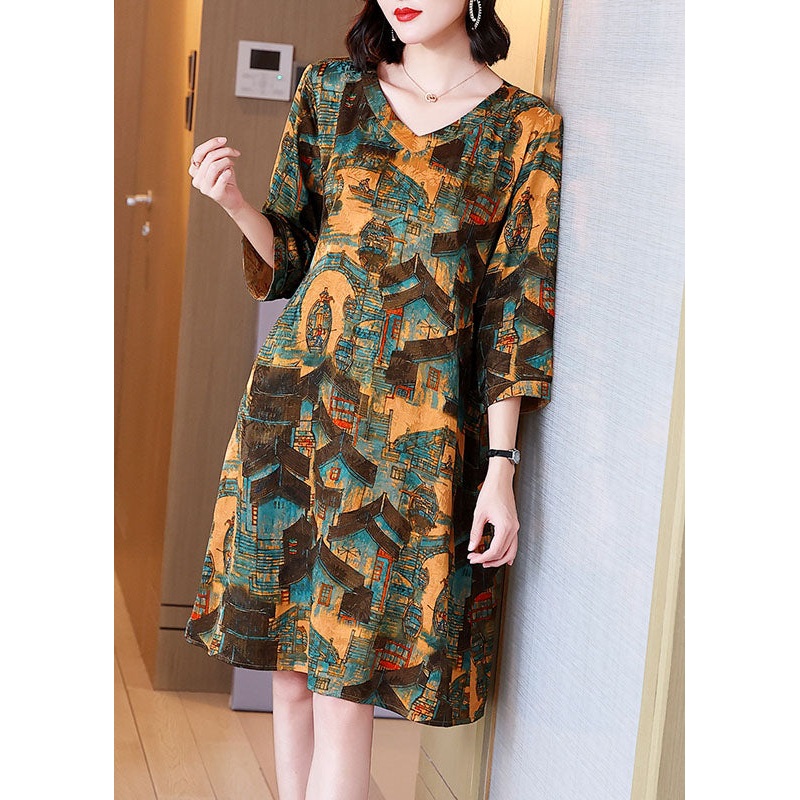Women Yellow V Neck Print Patchwork Cotton Dresses Summer