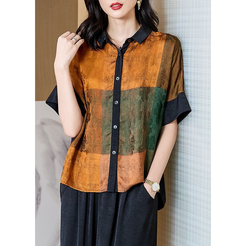 Yellow Print Patchwork Silk Blouses Peter Pan Collar Summer
