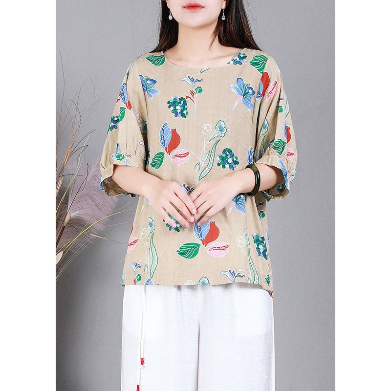Apricot Print Cotton Original Design Shirts O-Neck Half Sleeve