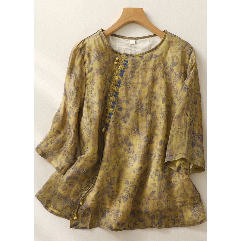 Army Green Patchwork Cotton Shirt Tops O Neck Print Summer