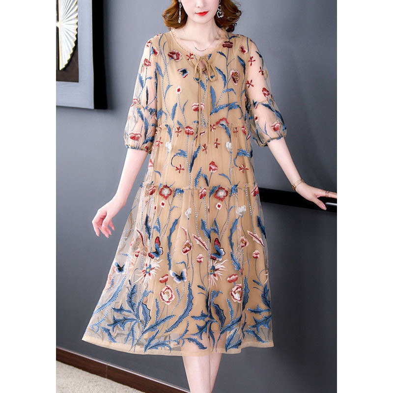 Art Khaki O-Neck Embroidered Tulle A Line Dress Summer