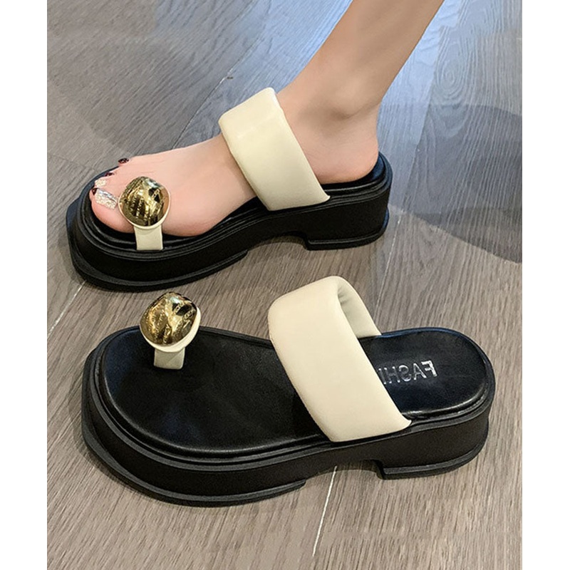 Beautiful Beach Flip Flops Platform Beige Zircon Splicing