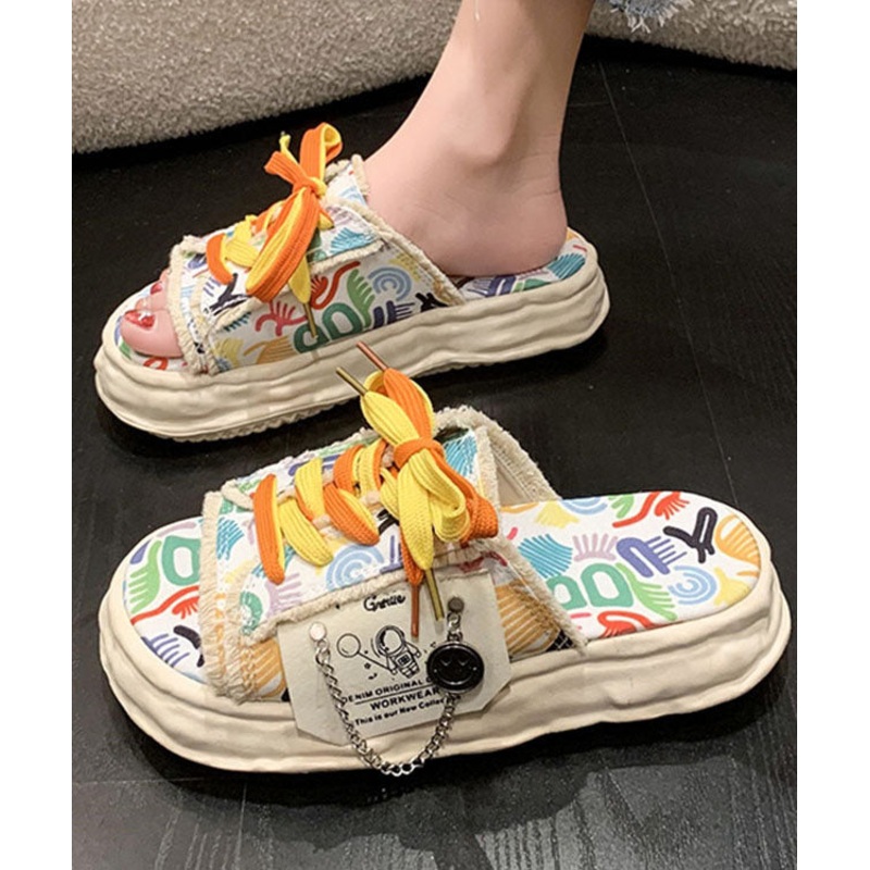 Beige Canvas Lace Up Doodle Splicing Platform Slide Sandals