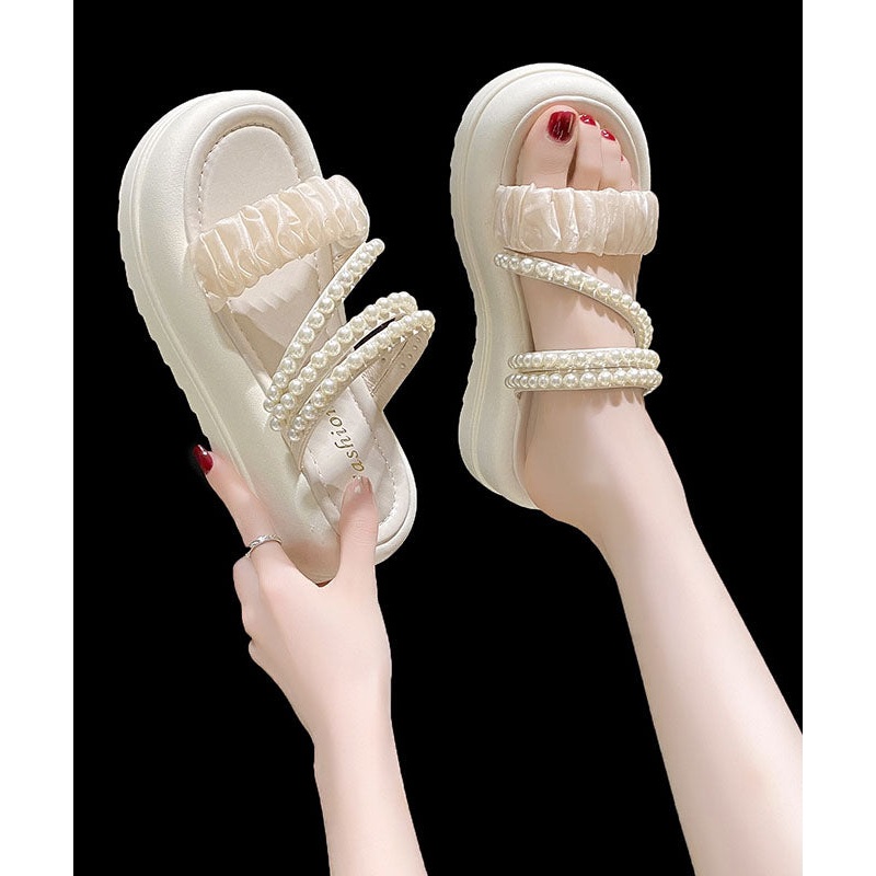 Beige Nail Bead Splicing Handmade Platform Slide Sandals