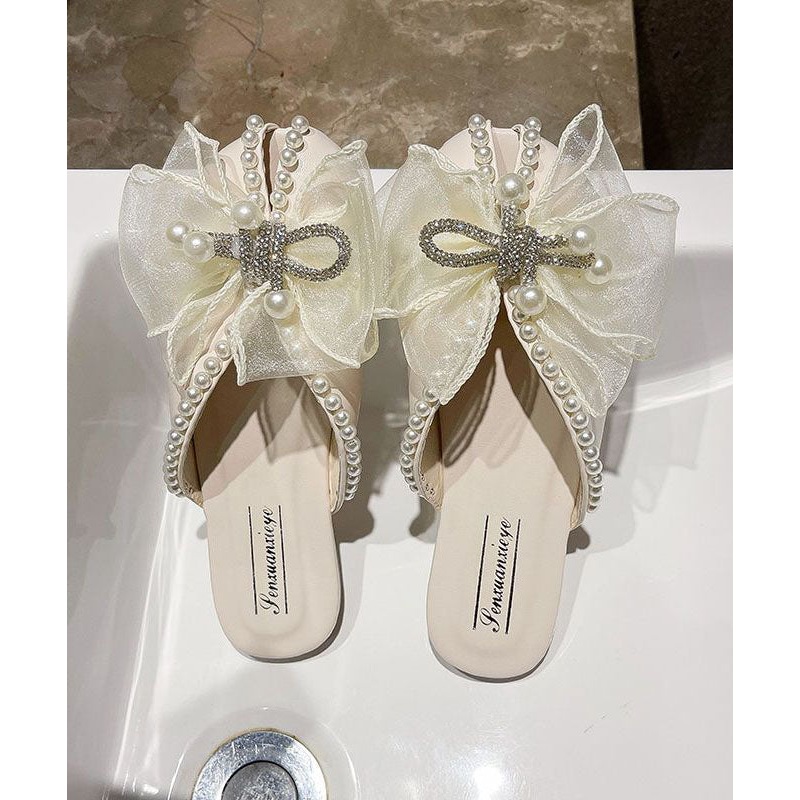 Beige Zircon Bow Nail Bead Splicing Fashion Slide Sandals