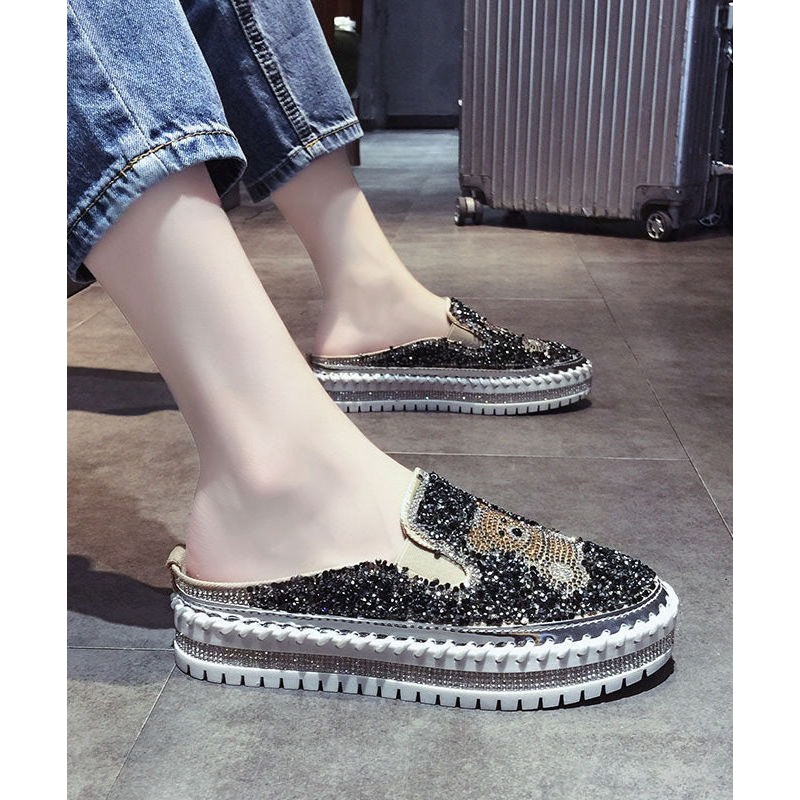 Black Cartoon Zircon Splicing Casual Platform Slide Sandals