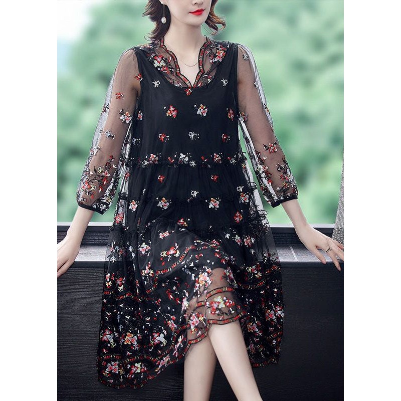 Black Hollow Out Tulle Dress Ruffled Exra Large Hem Summer