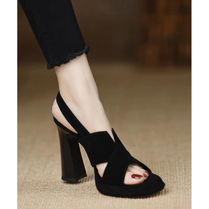 Black Sandals High Heel Sheepskin Women Splicing Peep Toe Buckle Strap