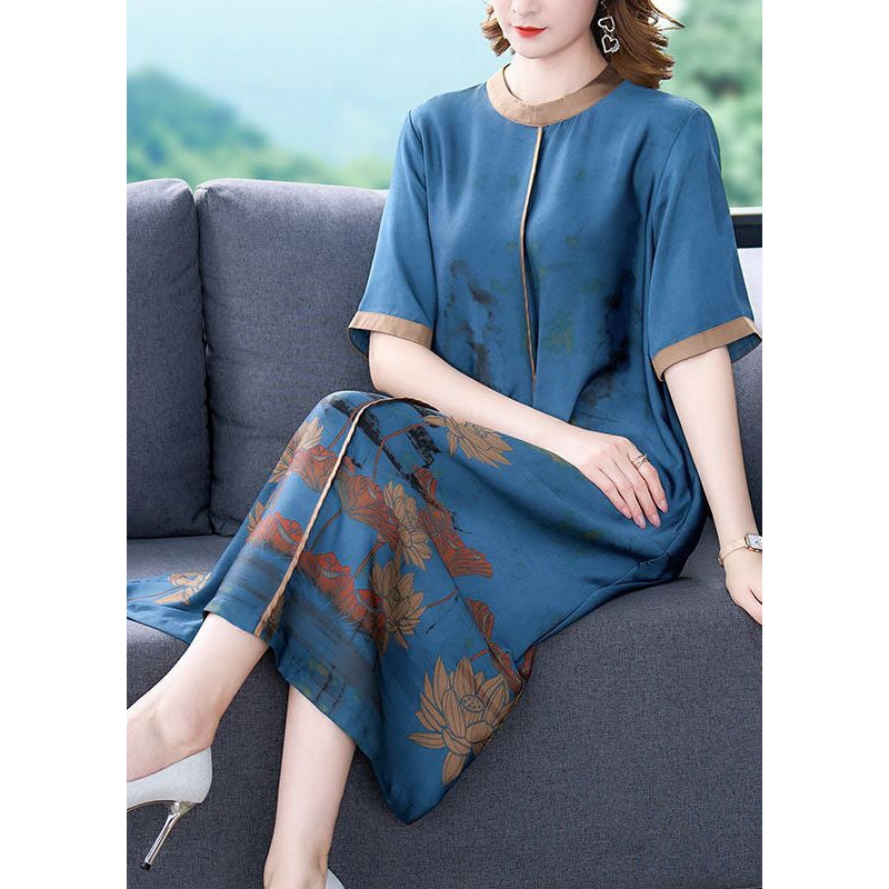 Blue Patchwork Silk Long Dress Oversized Print Half Sleeve