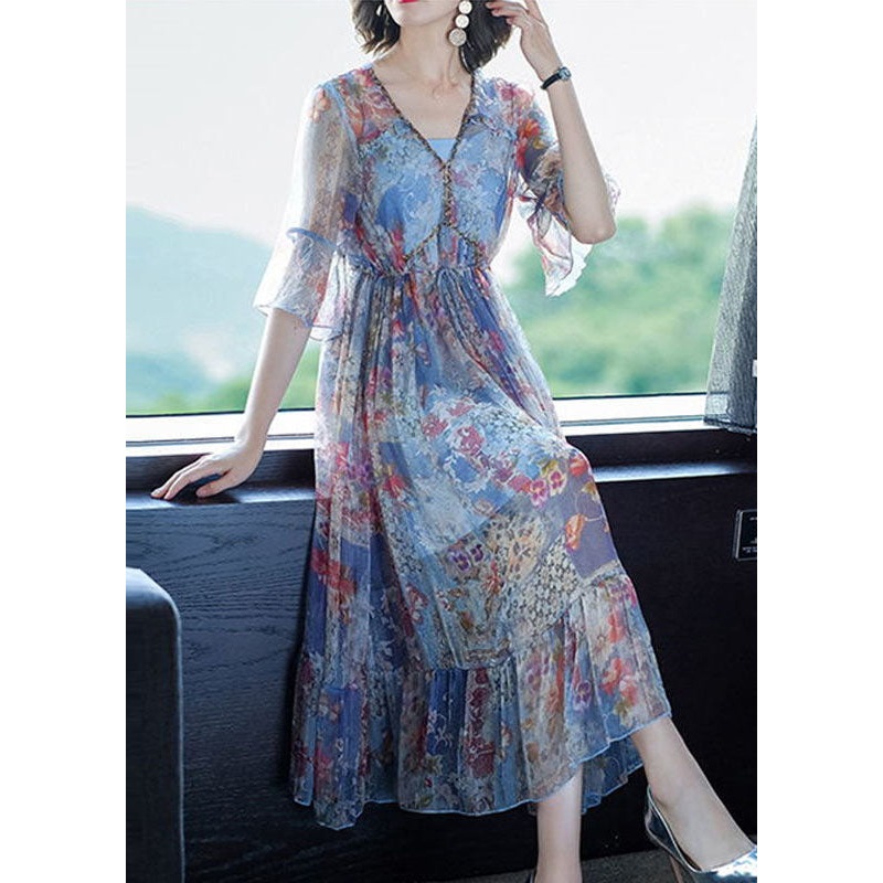 Blue Print Chiffon Long Dresses Cinched Exra Large Hem Summer