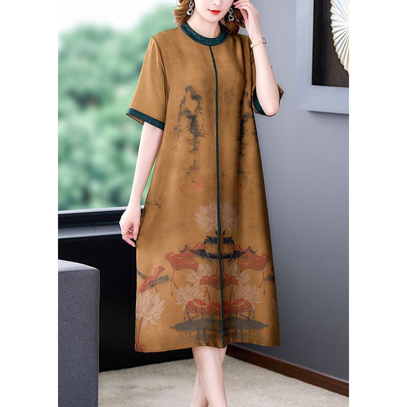 Bohemian Coffee O-Neck Patchwork Silk Long Dress Summer