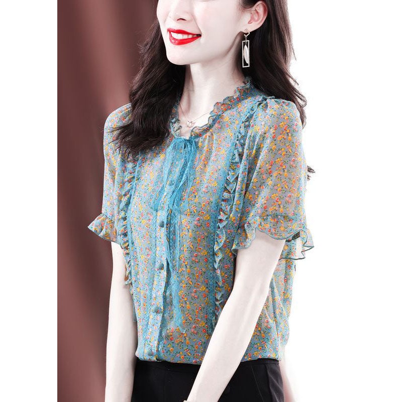 Bohemian Green Ruffled Print Chiffon Blouses Summer