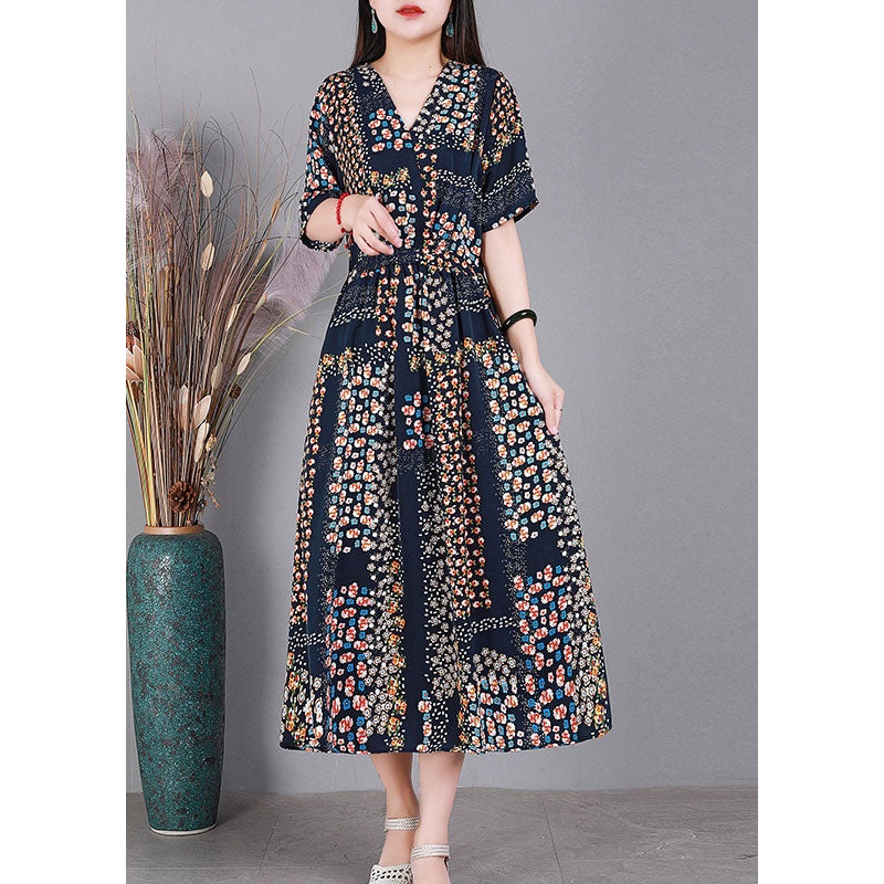 Bohemian Navy V Neck Print Drawstring Silk Long Dress Short Sleeve