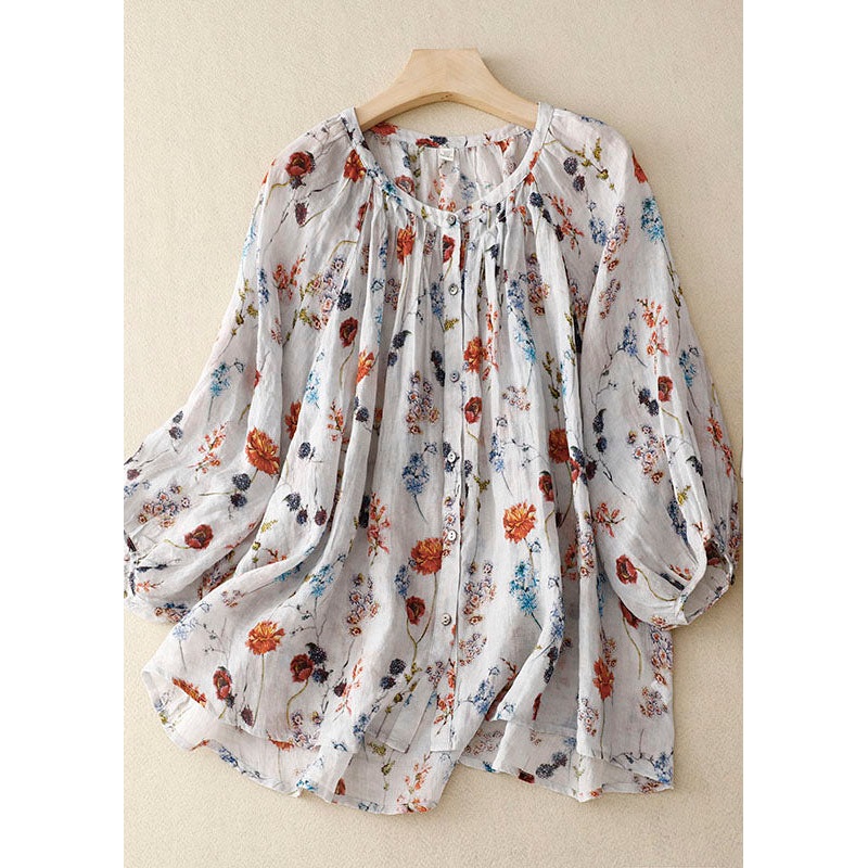 Bohemian White Print Wrinkled Patchwork Linen Shirt Lantern Sleeve