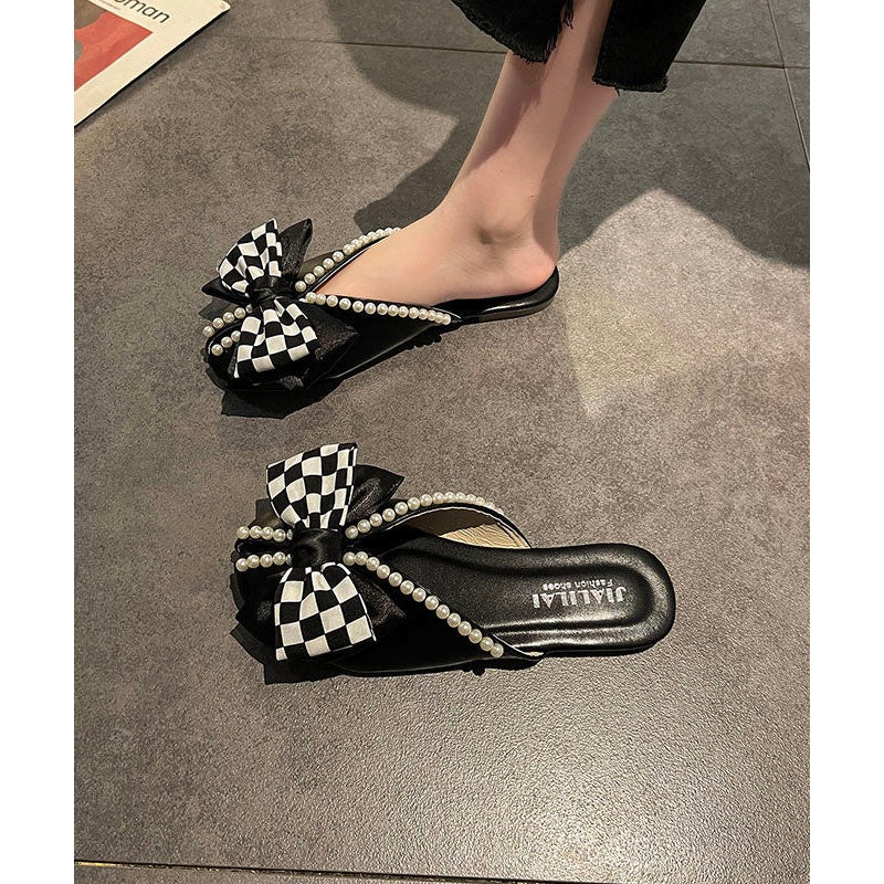 Boho Slide Sandals Black Splicing Plaid Bow Nail Bead