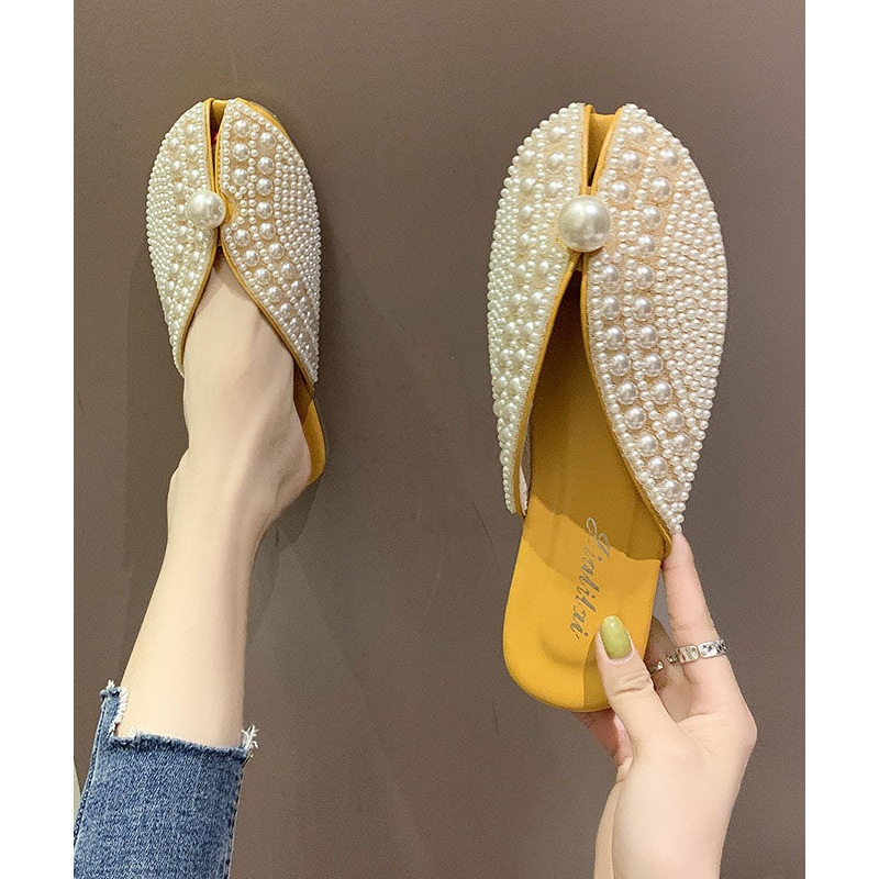 Boutique Yellow Slide Sandals Nail Bead Splicing Faux Leather