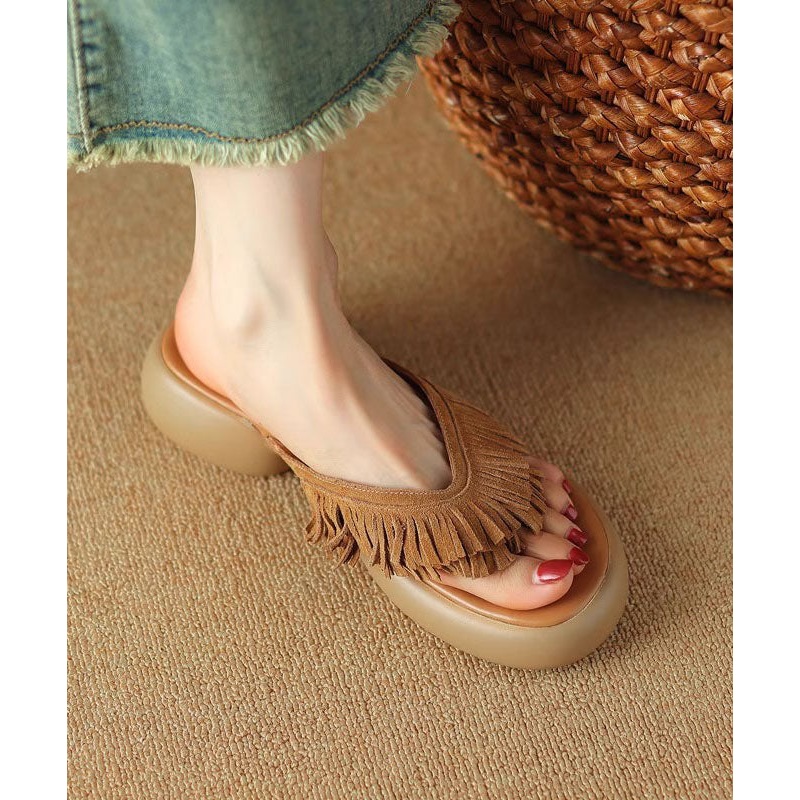 Brown Chunky Suede Boutique Tassel Splicing Slide Sandals